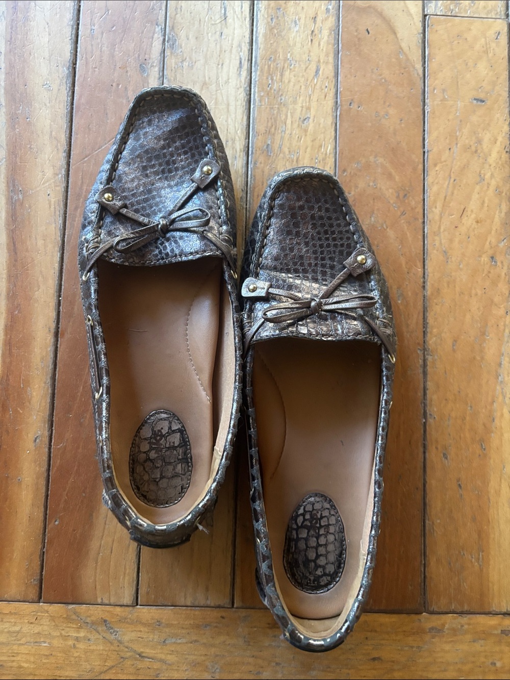 Clarks Brown Snake-Embossed Leather Loafers with Bow Accent